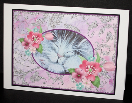 Sleeping Kitten With Flowers, card topper with floral decoupage by Marion Kimberley-Scott