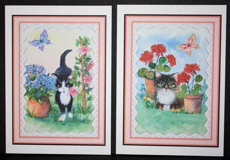 Black Cat and Cat and Geraniums Two card toppers by Marion Kimberley-Scott