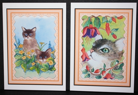 Cat and Fuschia and Cats and Primroses Two card toppers by Marion Kimberley-Scott