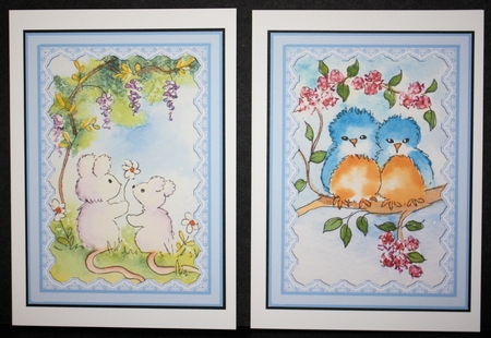 2 Mice and 2 Bluebirds Two card toppers by Marion Kimberley-Scott
