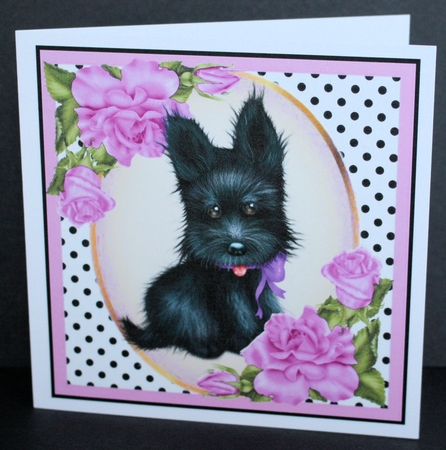 Cute black scottie dog with lilac corner roses & polkadot 8x8 by Marion Kimberley-Scott