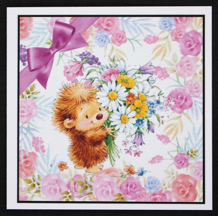 cute little hedgehog with flowers, in flower frame wih purple bow 8x8 by Marion Kimberley-Scott