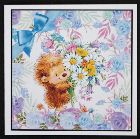 cute little hedgehog with flowers, in flower frame wih blue bow 8x8 by Marion Kimberley-Scott