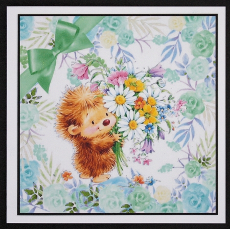 cute little hedgehog with flowers, in flower frame wih green bow 8x8 by Marion Kimberley-Scott