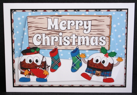 Crazy Scottish Christmas Puddings with big sign CHRISTMAS decoupage by Marion Kimberley-Scott