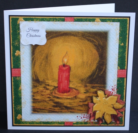 CHRISTMAS CANDLE & GOLD POINSETTIA: 7 by 7 Quick Card With Decoupage, Mini Topper & Tags by Marion Kimberley-Scott