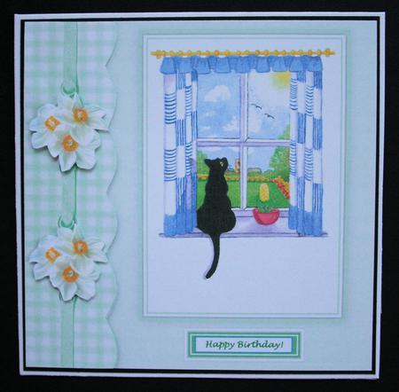 Black Cat in the Spring Window 8 x 8 Decoupage Card Topper by Marion Kimberley-Scott