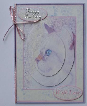 Soft and Subtle, Cat and Lace Card Front by Marion Kimberley-Scott