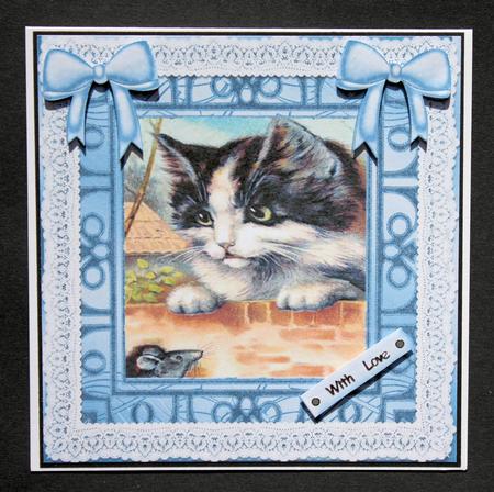 Cute Kitty with Mouse! Card Front and Topper 8x8 by Marion Kimberley-Scott