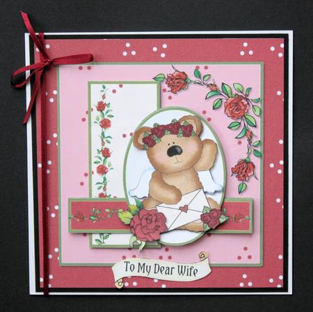 Square Oval Sketch Card - Red Rose Bear by Marion Kimberley-Scott