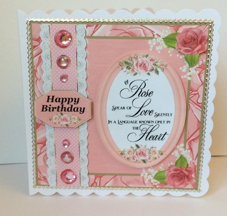 Pink Birthday rose card front with verse 5 by Marion MacKellar