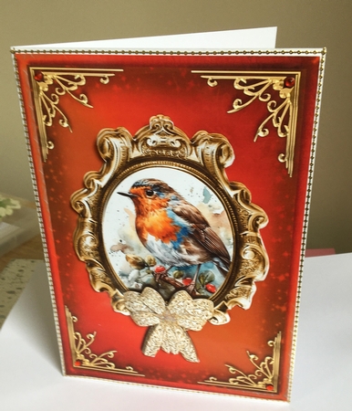 Robin Red Breast Red Card Front with Decoupage 1 by Marion MacKellar