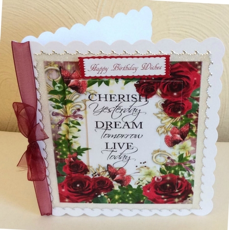 Pretty red rose frame to cherish card front by Marion MacKellar