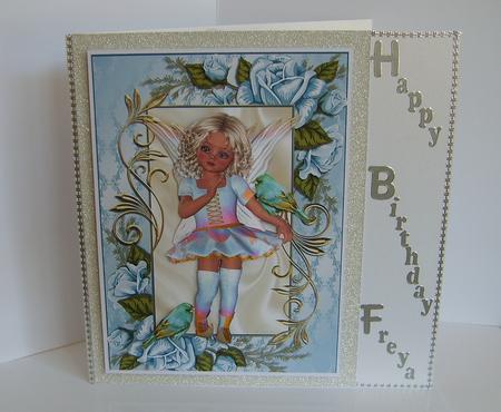 Little Faerie with Blue Bird in Blue Rose Frame A4 by Marion MacKellar