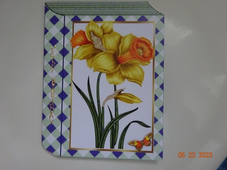 pretty daffodils on a purple gingham folded book by Marion West
