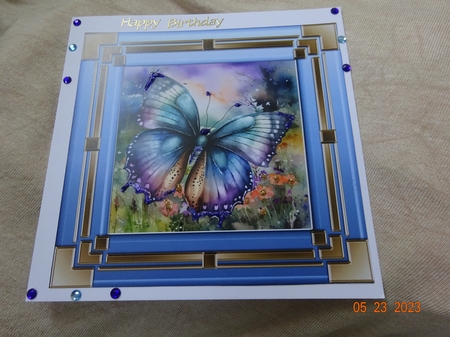 Blue framed butterfly card front 6 by Marion West