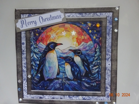 Stained glass Christmas penguins card front 2 by Marion West