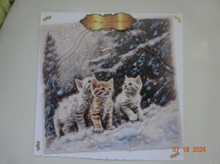 We three Kittens. Kitten Christmas Card. 7x7 card kit. Matching Box, Gift Bauble,Tag. by Marion West