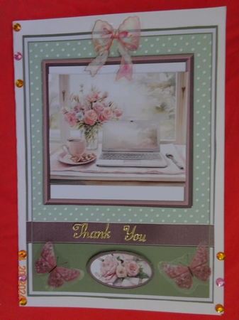 A5 Luscious Laptop 4 Card Front, Topper and sentiments with single layer decoupage by Marion West