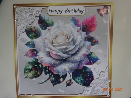 White Glitter Rose Silver Gold With Lace 8X8 Card by Marion West