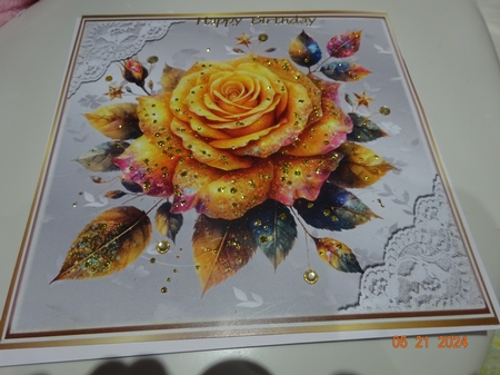 Gold Glitter Rose Silver Gold With Lace 8X8 Card by Marion West
