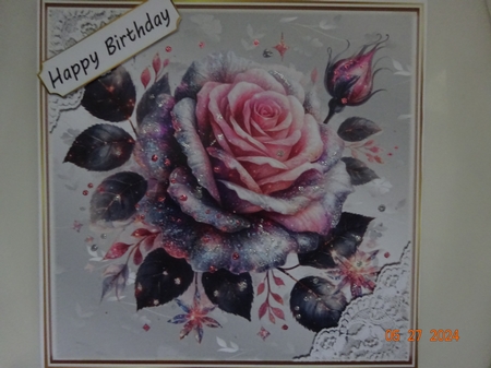 Pink Glitter Rose Silver Gold With Lace 8X8 Card by Marion West