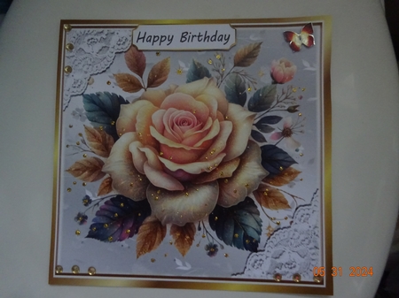 Peach Glitter Rose Silver Gold With Lace 8x8 Card by Marion West