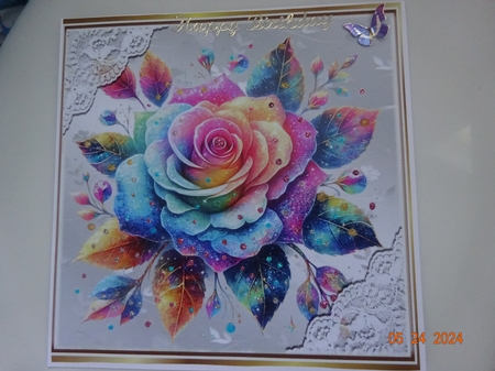 Rainbow Glitter Rose Silver Gold With Lace 8X8 Card by Marion West