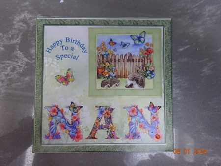 300dpi 6x6ins topper & Decoupage Birthday, Floral Nan word, Hedgehogs and butterflies by Marion West