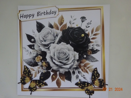 Lovely Black/White Roses With Butterflies 7x7 by Marion West