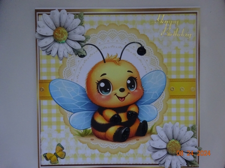 White Daisies With Yellow Gingham Bumble Bee 8x8 (THREE) by Marion West