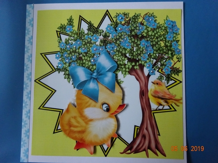 little yellow chick with blue bow flower tree and little bird 8x8 by Marion West