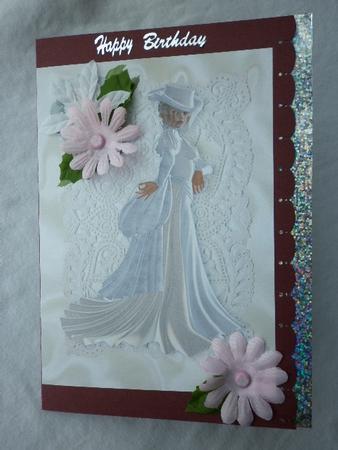 Vintage Lady in White Gown, White Roses on Lace A4 by Marion West