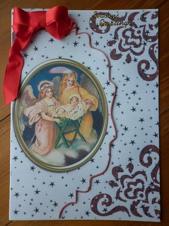 Nativity in Glass on a Red Scalloped Envelope by Marion West