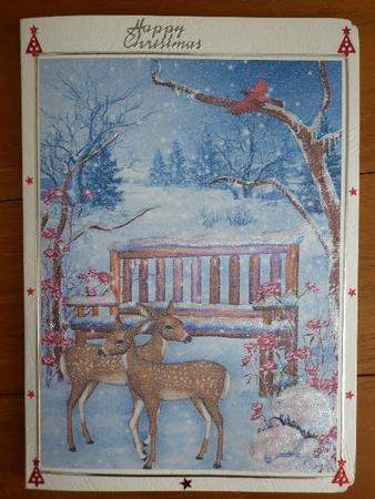 Pretty Snow Scene with Reindeers and Bench A4 by Marion West