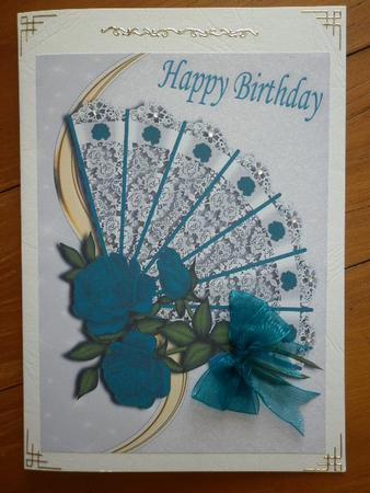 Lace Fan with Beautiful Turq Roses and Bow A4 by Marion West
