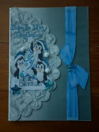 Playful Penguins on Scalloped Envelope with Bow by Marion West