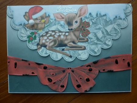 Sweet Little Deer with Little Bird on Scallopped Envelope by Marion West