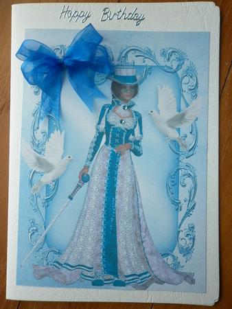 Pretty Lady in Blue with Doves in Ornate Frame A4 by Marion West