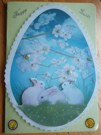 Easter Egg Shaped Card Front with Rabbits by Marion West