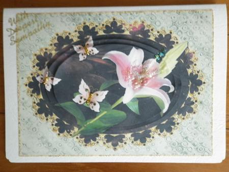 Pink Lily & Butterflies Pyramid Card Front by Marion West