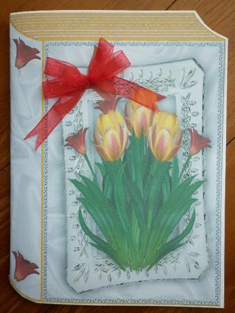 Red/yellow Tulips in Gold Folded Book with Red Bow by Marion West