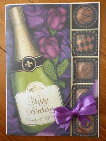 A5 Birthday Champers Chocs N Roses Oval Pyramage Topper by Marion West
