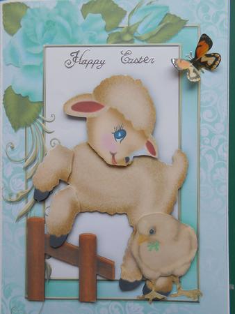 Little Lamb with Easter Chick in Rose Frame by Marion West