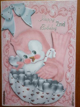 Peach Luv Bird with Parasol of Hearts, Silver Bows by Marion West