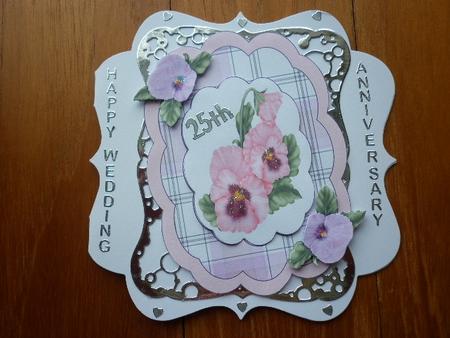 Pink Pansy Shaped Card Front by Marion West