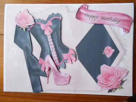 Pink/black Basque with Shoe and Rose on Card & Envelope by Marion West
