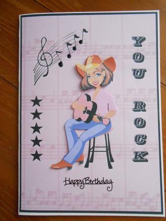 You Rock - Pink Guitar Lady Card Front with Decoupage by Marion West