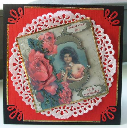 Vintage Red Rose with Lady Card Front by Marjo Reints