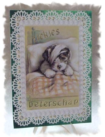 Puppy Dog with Sore Head in Bed A5 Decoupage Get Well Card by Marjo Reints